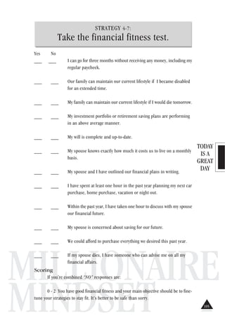 TODAY
IS A
GREAT
DAY
MILLIONAIRE
MINDSET
STRATEGY 4-7:
Take the financial fitness test.
Yes No
___ ___ I can go for three months without receiving any money, including my
regular paycheck.
___ ___ Our family can maintain our current lifestyle if I became disabled
for an extended time.
___ ___ My family can maintain our current lifestyle if I would die tomorrow.
___ ___ My investment portfolio or retirement saving plans are performing
in an above average manner.
___ ___ My will is complete and up-to-date.
___ ___ My spouse knows exactly how much it costs us to live on a monthly
basis.
___ ___ My spouse and I have outlined our financial plans in writing.
___ ___ I have spent at least one hour in the past year planning my next car
purchase, home purchase, vacation or night out.
___ ___ Within the past year, I have taken one hour to discuss with my spouse
our financial future.
___ ___ My spouse is concerned about saving for our future.
___ ___ We could afford to purchase everything we desired this past year.
___ ___ If my spouse dies, I have someone who can advise me on all my
financial affairs.
Scoring
If you're combined “NO” responses are:
0 - 2 You have good financial fitness and your main objective should be to fine-
tune your strategies to stay fit. It’s better to be safe than sorry.
105
 