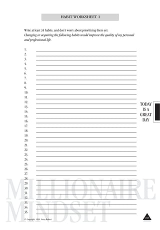 TODAY
IS A
GREAT
DAY
MILLIONAIRE
MINDSET
HABIT WORKSHEET 1
Write at least 35 habits, and don’t worry about prioritizing them yet.
Changing or acquiring the following habits would improve the quality of my personal
and professional life.
1. ________________________________________________________
2. ________________________________________________________
3. ________________________________________________________
4. ________________________________________________________
5. ________________________________________________________
6. ________________________________________________________
7. ________________________________________________________
8. ________________________________________________________
9. ________________________________________________________
10. ________________________________________________________
11. ________________________________________________________
12. ________________________________________________________
13. ________________________________________________________
14. ________________________________________________________
15. ________________________________________________________
16. ________________________________________________________
17. ________________________________________________________
18. ________________________________________________________
19. ________________________________________________________
20. ________________________________________________________
21. ________________________________________________________
22. ________________________________________________________
23. ________________________________________________________
24. ________________________________________________________
25. ________________________________________________________
26. ________________________________________________________
27. ________________________________________________________
28. ________________________________________________________
29. ________________________________________________________
30. ________________________________________________________
31. ________________________________________________________
32. ________________________________________________________
33. ________________________________________________________
34. ________________________________________________________
35. ________________________________________________________
© Copyright, 1999. Gerry Robert
217
 