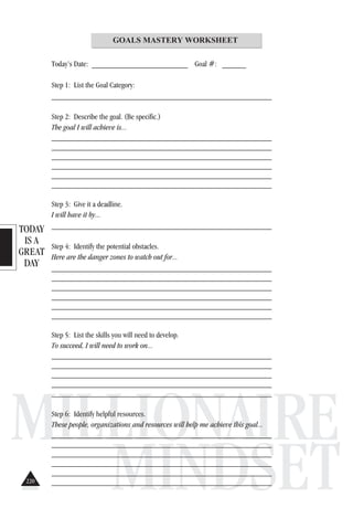 TODAY
IS A
GREAT
DAY
MILLIONAIRE
MINDSET
GOALS MASTERY WORKSHEET
Today’s Date: ________________________ Goal #: ______
Step 1: List the Goal Category:
_______________________________________________________
Step 2: Describe the goal. (Be specific.)
The goal I will achieve is...
_______________________________________________________
_______________________________________________________
_______________________________________________________
_______________________________________________________
_______________________________________________________
_______________________________________________________
Step 3: Give it a deadline.
I will have it by...
_______________________________________________________
Step 4: Identify the potential obstacles.
Here are the danger zones to watch out for...
_______________________________________________________
_______________________________________________________
_______________________________________________________
_______________________________________________________
_______________________________________________________
_______________________________________________________
Step 5: List the skills you will need to develop.
To succeed, I will need to work on...
_______________________________________________________
_______________________________________________________
_______________________________________________________
_______________________________________________________
_______________________________________________________
Step 6: Identify helpful resources.
These people, organizations and resources will help me achieve this goal...
_______________________________________________________
_______________________________________________________
_______________________________________________________
_______________________________________________________
_______________________________________________________
_______________________________________________________220
 