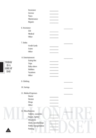 TODAY
IS A
GREAT
DAY
MILLIONAIRE
MINDSET
Insurance ________
License ________
Taxes ________
Maintenance ________
Repairs ________
6. Insurance ________
Life ________
Medical ________
Other ________
7. Debts ________
Credit Cards ________
Loans ________
Other ________
8. Entertainment ________
Eating Out ________
Trips ________
Baby-sitters ________
Hobbies ________
Vacations ________
Other ________
9. Clothing ________
10. Savings ________
11. Medical Expenses ________
Doctor ________
Dentist ________
Drugs ________
Other ________
12. Miscellaneous ________
Toiletry, cosmetics ________
Beauty, barber ________
Donations ________
Clubs, memberships ________
Public transportation ________
Parking ________
230
 
