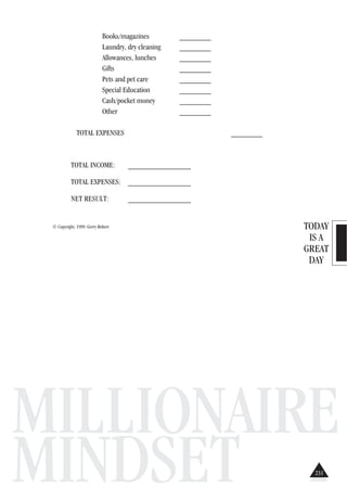 TODAY
IS A
GREAT
DAY
MILLIONAIRE
MINDSET
© Copyright, 1999. Gerry Robert
Books/magazines ________
Laundry, dry cleaning ________
Allowances, lunches ________
Gifts ________
Pets and pet care ________
Special Education ________
Cash/pocket money ________
Other ________
TOTAL EXPENSES ________
TOTAL INCOME: ________________
TOTAL EXPENSES: ________________
NET RESULT: ________________
231
 