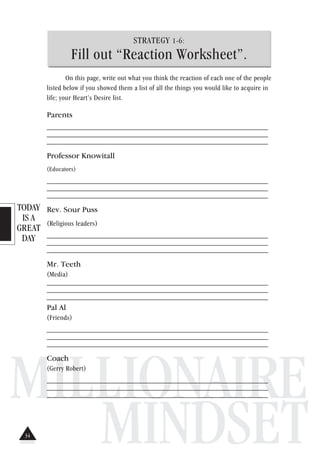 TODAY
IS A
GREAT
DAY
MILLIONAIRE
MINDSET
STRATEGY 1-6:
Fill out “Reaction Worksheet”.
On this page, write out what you think the reaction of each one of the people
listed below if you showed them a list of all the things you would like to acquire in
life; your Heart’s Desire list.
Parents
_____________________________________________________________
_____________________________________________________________
_____________________________________________________________
Professor Knowitall
(Educators)
_____________________________________________________________
_____________________________________________________________
_____________________________________________________________
Rev. Sour Puss
(Religious leaders)
_____________________________________________________________
_____________________________________________________________
_____________________________________________________________
Mr. Teeth
(Media)
_____________________________________________________________
_____________________________________________________________
_____________________________________________________________
Pal Al
(Friends)
_____________________________________________________________
_____________________________________________________________
_____________________________________________________________
Coach
(Gerry Robert)
_____________________________________________________________
_____________________________________________________________
_____________________________________________________________
34
 