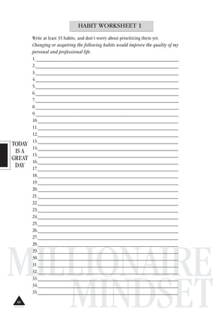 TODAY
IS A
GREAT
DAY
MILLIONAIRE
MINDSET
HABIT WORKSHEET 1
Write at least 35 habits, and don’t worry about prioritizing them yet.
Changing or acquiring the following habits would improve the quality of my
personal and professional life.
1._________________________________________________________
2._________________________________________________________
3._________________________________________________________
4._________________________________________________________
5._________________________________________________________
6._________________________________________________________
7._________________________________________________________
8._________________________________________________________
9._________________________________________________________
10.________________________________________________________
11.________________________________________________________
12.________________________________________________________
13.________________________________________________________
14.________________________________________________________
15.________________________________________________________
16.________________________________________________________
17.________________________________________________________
18.________________________________________________________
19.________________________________________________________
20.________________________________________________________
21.________________________________________________________
22.________________________________________________________
23.________________________________________________________
24.________________________________________________________
25.________________________________________________________
26.________________________________________________________
27.________________________________________________________
28.________________________________________________________
29.________________________________________________________
30.________________________________________________________
31.________________________________________________________
32.________________________________________________________
33.________________________________________________________
34.________________________________________________________
35.________________________________________________________
60
 
