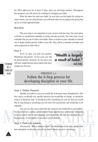 TODAY
IS A
GREAT
DAY
MILLIONAIRE
MINDSET
for 100% adherence for at least 21 days, then you will begin another. Throughout
this program, you will always be working on changing one habit.
Write the dates for each new habit. So next time you feel guilty for eating too
many sweets, you can relax because you will know that you are going to be giving that
up on a certain appointed date.
Red dots
This next step is very important to your success with this step. You must place
a red dot on a prominent calendar in twenty-one day intervals. You want some visual
reminder that you are to start a new habit. Place a red dot on your calendar to remind
you to begin another positive habit in your life. They will be a constant reminder and
encouragement to stick with it.
Step 3
Every 21 days you pull out another
Worksheet and presto! In two years you will
be almost perfect. Seriously, by two years, you
will have implemented many habits that have
eluded you thus far.
STRATEGY 2-4:
Follow the 6-Step process for
developing discipline in your life.
Step 1: Define Purpose.
Identify one habit or area you would like to become more disciplined in. The
first step is to identify one specific behavior you would like to change. It should be
written in behavior style. It should describe something you now do that you would
like to stop doing or something you now don’t do consistently and would like to do
regularly.
You can use this step to describe the outcome you would like to accomplish.
You must however, confine each worksheet to one specific issue or behavior. Attempting
to do too much may be discouraging. Each worksheet will take you through this 6-
Step process. It only applies to one issue per worksheet.
Step 2: Find role models.
Ask yourself, “Who is doing it right?” By identifying one or more people who
have discipline in this area you will see that if others can do it, so can you.
“Wealth is largely
a result of habit.”
Jack Astor
62
 