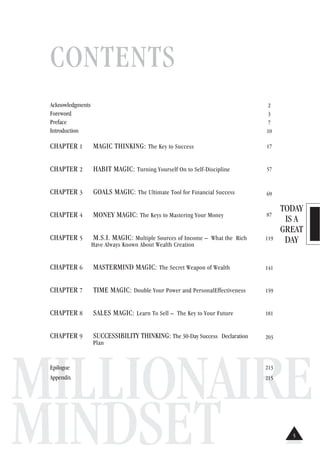 TODAY
IS A
GREAT
DAY
MILLIONAIRE
MINDSET
CONTENTS
Acknowledgments
Foreword
Preface
Introduction
CHAPTER 1 MAGIC THINKING: The Key to Success
CHAPTER 2 HABIT MAGIC: Turning Yourself On to Self-Discipline
CHAPTER 3 GOALS MAGIC: The Ultimate Tool for Financial Success
CHAPTER 4 MONEY MAGIC: The Keys to Mastering Your Money
CHAPTER 5 M.S.I. MAGIC: Multiple Sources of Income – What the Rich
Have Always Known About Wealth Creation
CHAPTER 6 MASTERMIND MAGIC: The Secret Weapon of Wealth
CHAPTER 7 TIME MAGIC: Double Your Power and PersonalEffectiveness
CHAPTER 8 SALES MAGIC: Learn To Sell – The Key to Your Future
CHAPTER 9 SUCCESSIBILITY THINKING: The 30-Day Success Declaration
Plan
Epilogue
Appendix
2
3
7
10
17
57
69
87
119
141
159
181
203
213
215
5
 