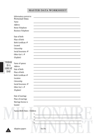 TODAY
IS A
GREAT
DAY
MILLIONAIRE
MINDSET
MASTER DATA WORKSHEET
Information current to: __________________________________________
Personal Data
Name ___________________________________________
Address ___________________________________________
Home Telephone ___________________________________________
Business Telephone ___________________________________________
Date of birth ___________________________________________
Place of birth ___________________________________________
Birth Certificate # ___________________________________________
Located ___________________________________________
Citizenship ___________________________________________
Social Insurance # ___________________________________________
Other Gov’t. # ___________________________________________
(Explain) ___________________________________________
Name of spouse ___________________________________________
Address ___________________________________________
Date of birth ___________________________________________
Place of birth ___________________________________________
Birth Certificate # ___________________________________________
Location ___________________________________________
Citizenship ___________________________________________
Social Insurance # ___________________________________________
Other Gov’t .# ___________________________________________
(Explain) ___________________________________________
Date of marriage ___________________________________________
Place of marriage ___________________________________________
Marriage license is
located ___________________________________________
Names/Birth Dates - Children
1.___________________________________________
2.___________________________________________
3.___________________________________________
4.___________________________________________
Adoption papers Yes/No
92
 
