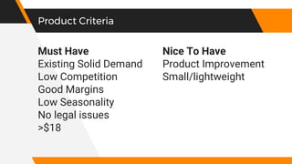Must Have
Existing Solid Demand
Low Competition
Good Margins
Low Seasonality
No legal issues
>$18
Product Criteria
Nice To...
