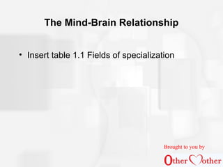 The Mind-Brain Relationship
• Insert table 1.1 Fields of specialization
Brought to you by
 