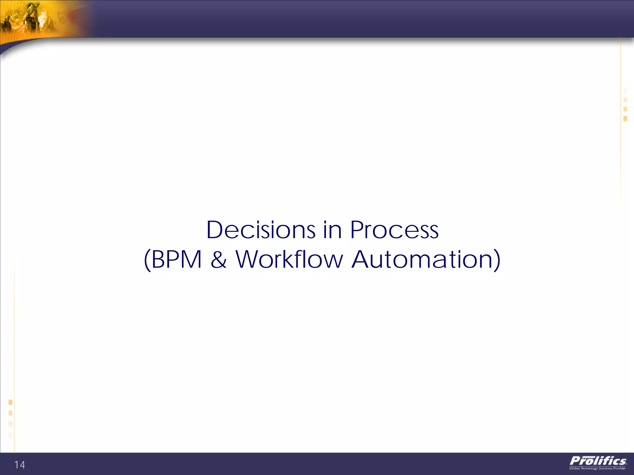 Decisions in Process
(BPM & Workflow Automation)
14
 