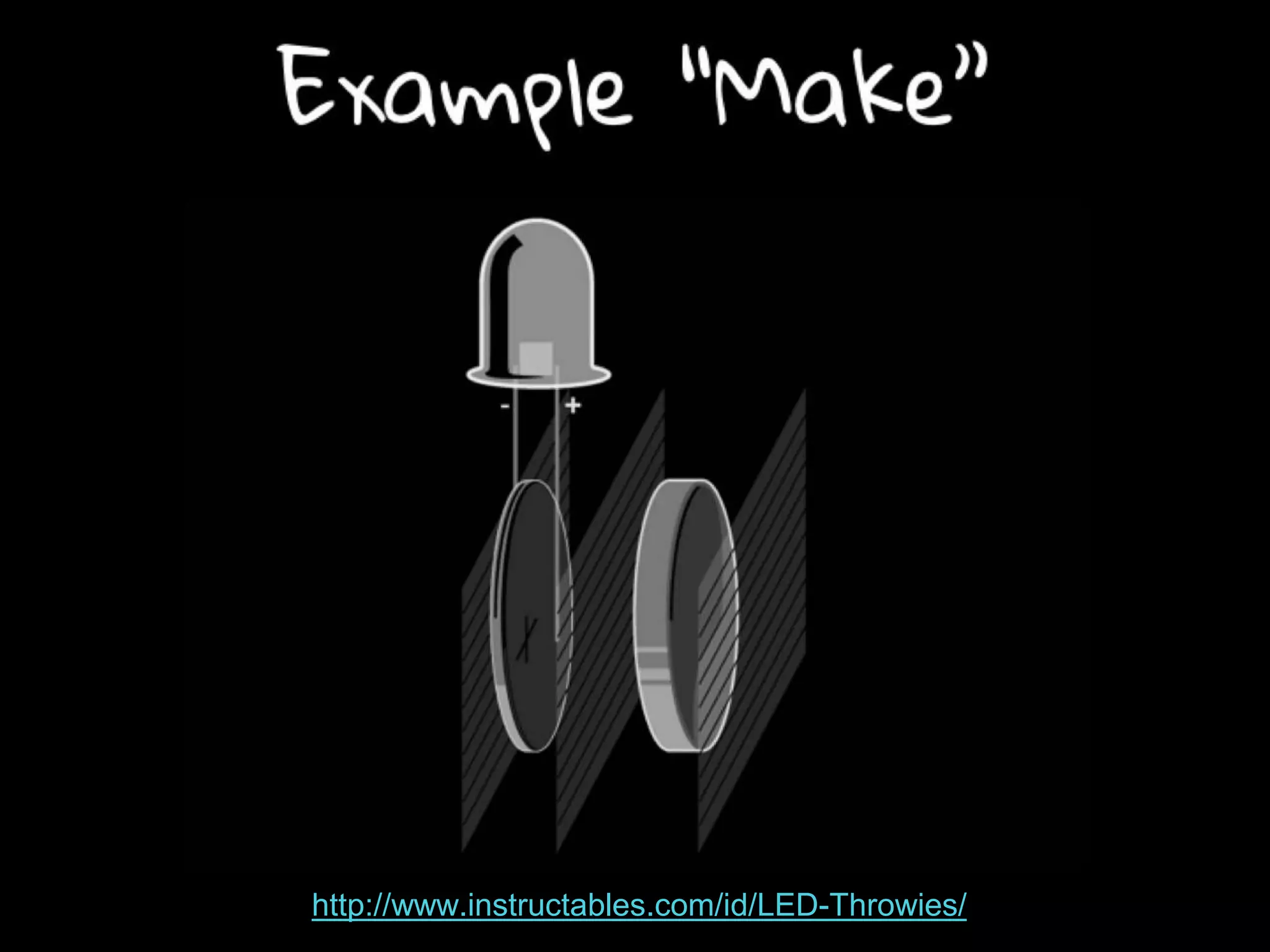 Example “Make”
http://www.instructables.com/id/LED-Throwies/
 