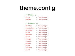 theme.conﬁg
/* Global */
@site : 'pastanaga';
@reset : 'pastanaga';
/* Elements */
@button : 'pastanaga';
@container : 'pastanaga';
@divider : 'pastanaga';
@flag : 'pastanaga';
@header : 'pastanaga';
@icon : 'pastanaga';
@image : 'pastanaga';
@input : 'pastanaga';
@label : 'pastanaga';
@list : 'pastanaga';
@loader : 'pastanaga';
@rail : 'pastanaga';
 
