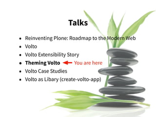 • Reinventing Plone: Roadmap to the Modern Web
• Volto
• Volto Extensibility Story
• Theming Volto
• Volto Case Studies
• Volto as Libary (create-volto-app)
Talks
You are here
 