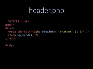 header.php
<!DOCTYPE html>
<html>
<head>
<meta charset="<?php bloginfo( 'charset' ); ?>" />
<?php wp_head(); ?>
</head>
<body>
 