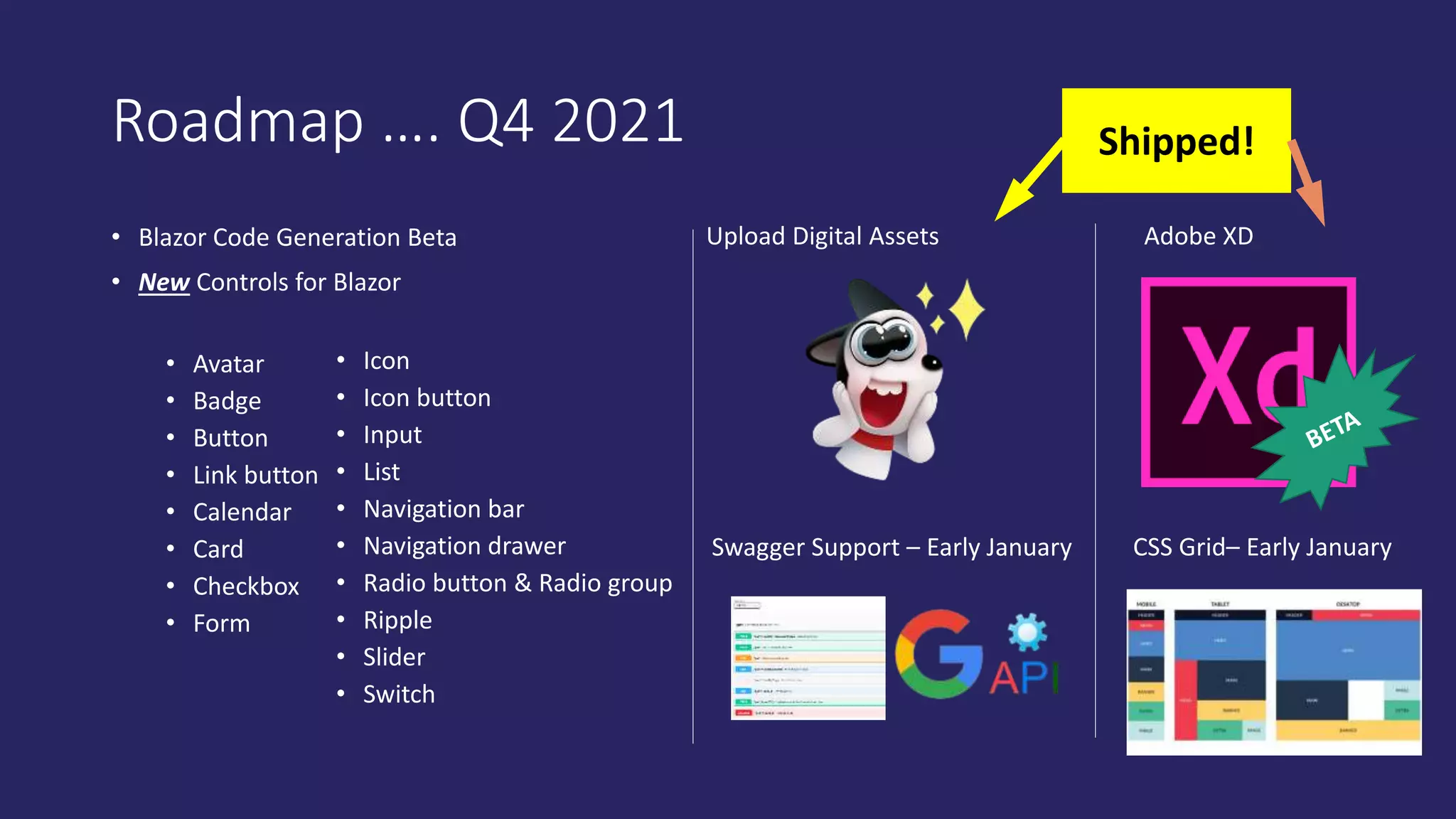 Roadmap …. Q4 2021
• Blazor Code Generation Beta
• New Controls for Blazor
• Avatar
• Badge
• Button
• Link button
• Calendar
• Card
• Checkbox
• Form
• Icon
• Icon button
• Input
• List
• Navigation bar
• Navigation drawer
• Radio button & Radio group
• Ripple
• Slider
• Switch
Adobe XD
Upload Digital Assets
CSS Grid– Early January
Swagger Support – Early January
Shipped!
 