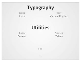 Typography
 Links                       Text
 Lists                 Vertical Rhythm



           Utilities
 Color                     Sprites
General                    Tables



              ...
 