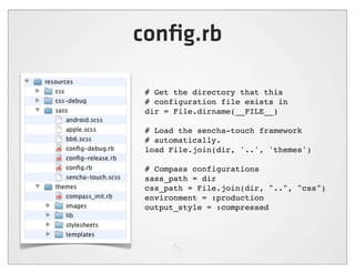 conﬁg.rb

 # Get the directory that this
 # configuration file exists in
 dir = File.dirname(__FILE__)

 # Load the sencha-touch framework
 # automatically.
 load File.join(dir, '..', 'themes')

 # Compass configurations
 sass_path = dir
 css_path = File.join(dir, "..", "css")
 environment = :production
 output_style = :compressed
 