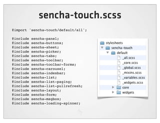 sencha-touch.scss
@import 'sencha-touch/default/all';

@include   sencha-panel;
@include   sencha-buttons;
@include   sencha-sheet;
@include   sencha-picker;
@include   sencha-tabs;
@include   sencha-toolbar;
@include   sencha-toolbar-forms;
@include   sencha-carousel;
@include   sencha-indexbar;
@include   sencha-list;
@include   sencha-list-paging;
@include   sencha-list-pullrefresh;
@include   sencha-layout;
@include   sencha-form;
@include   sencha-msgbox;
@include   sencha-loading-spinner;
 
