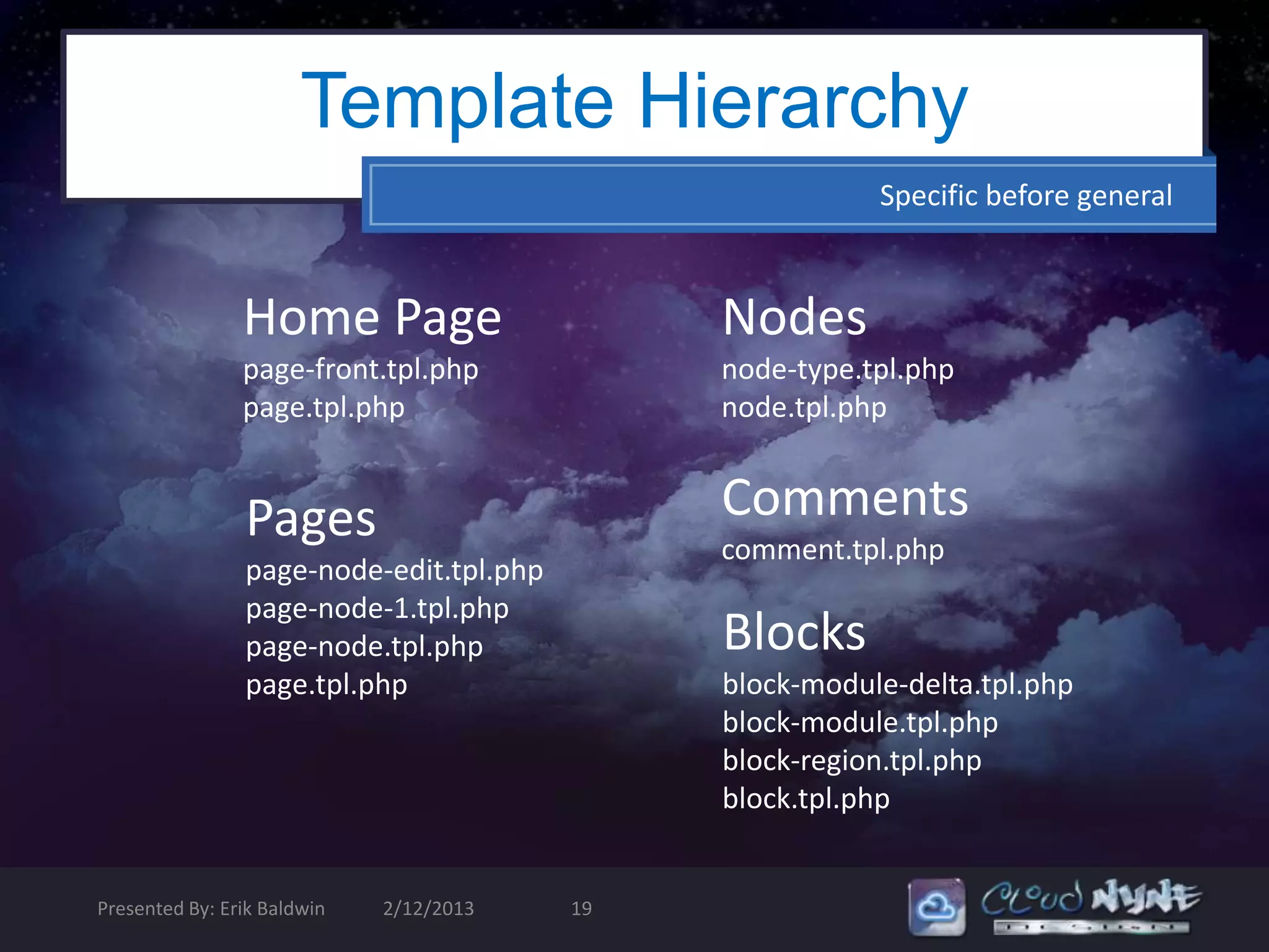 Template Hierarchy
                                                         Specific before general



                Home Page                     Nodes
                page-front.tpl.php            node-type.tpl.php
                page.tpl.php                  node.tpl.php


                Pages                         Comments
                                              comment.tpl.php
                page-node-edit.tpl.php
                page-node-1.tpl.php
                page-node.tpl.php             Blocks
                page.tpl.php                  block-module-delta.tpl.php
                                              block-module.tpl.php
                                              block-region.tpl.php
                                              block.tpl.php


Presented By: Erik Baldwin   2/12/2013   19
 