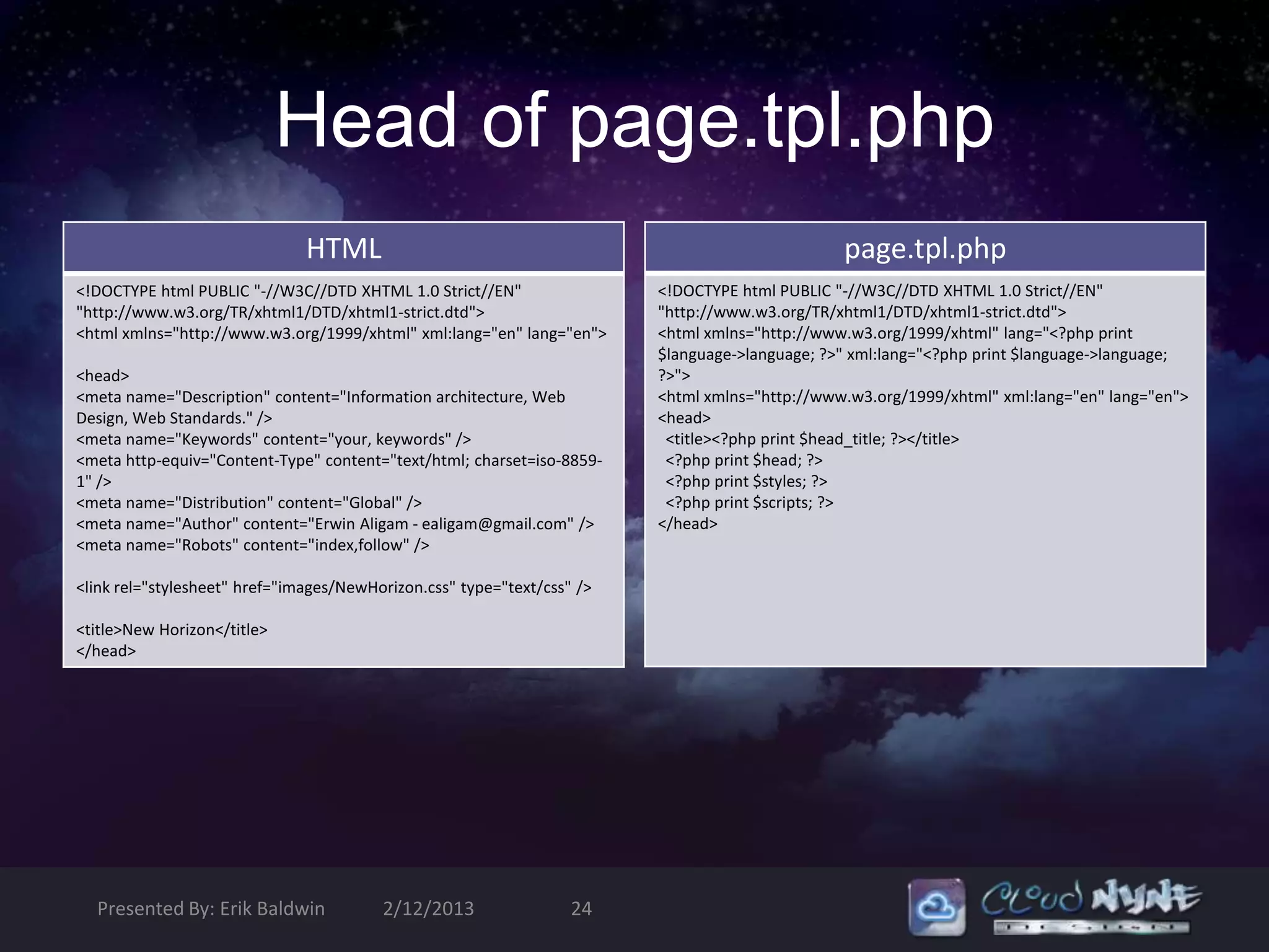 Head of page.tpl.php
                               HTML                                                             page.tpl.php
<!DOCTYPE html PUBLIC "-//W3C//DTD XHTML 1.0 Strict//EN"                 <!DOCTYPE html PUBLIC "-//W3C//DTD XHTML 1.0 Strict//EN"
"http://www.w3.org/TR/xhtml1/DTD/xhtml1-strict.dtd">                     "http://www.w3.org/TR/xhtml1/DTD/xhtml1-strict.dtd">
<html xmlns="http://www.w3.org/1999/xhtml" xml:lang="en" lang="en">      <html xmlns="http://www.w3.org/1999/xhtml" lang="<?php print
                                                                         $language->language; ?>" xml:lang="<?php print $language->language;
<head>                                                                   ?>">
<meta name="Description" content="Information architecture, Web          <html xmlns="http://www.w3.org/1999/xhtml" xml:lang="en" lang="en">
Design, Web Standards." />                                               <head>
<meta name="Keywords" content="your, keywords" />                         <title><?php print $head_title; ?></title>
<meta http-equiv="Content-Type" content="text/html; charset=iso-8859-     <?php print $head; ?>
1" />                                                                     <?php print $styles; ?>
<meta name="Distribution" content="Global" />                             <?php print $scripts; ?>
<meta name="Author" content="Erwin Aligam - ealigam@gmail.com" />        </head>
<meta name="Robots" content="index,follow" />

<link rel="stylesheet" href="images/NewHorizon.css" type="text/css" />

<title>New Horizon</title>
</head>




  Presented By: Erik Baldwin             2/12/2013                 24
 