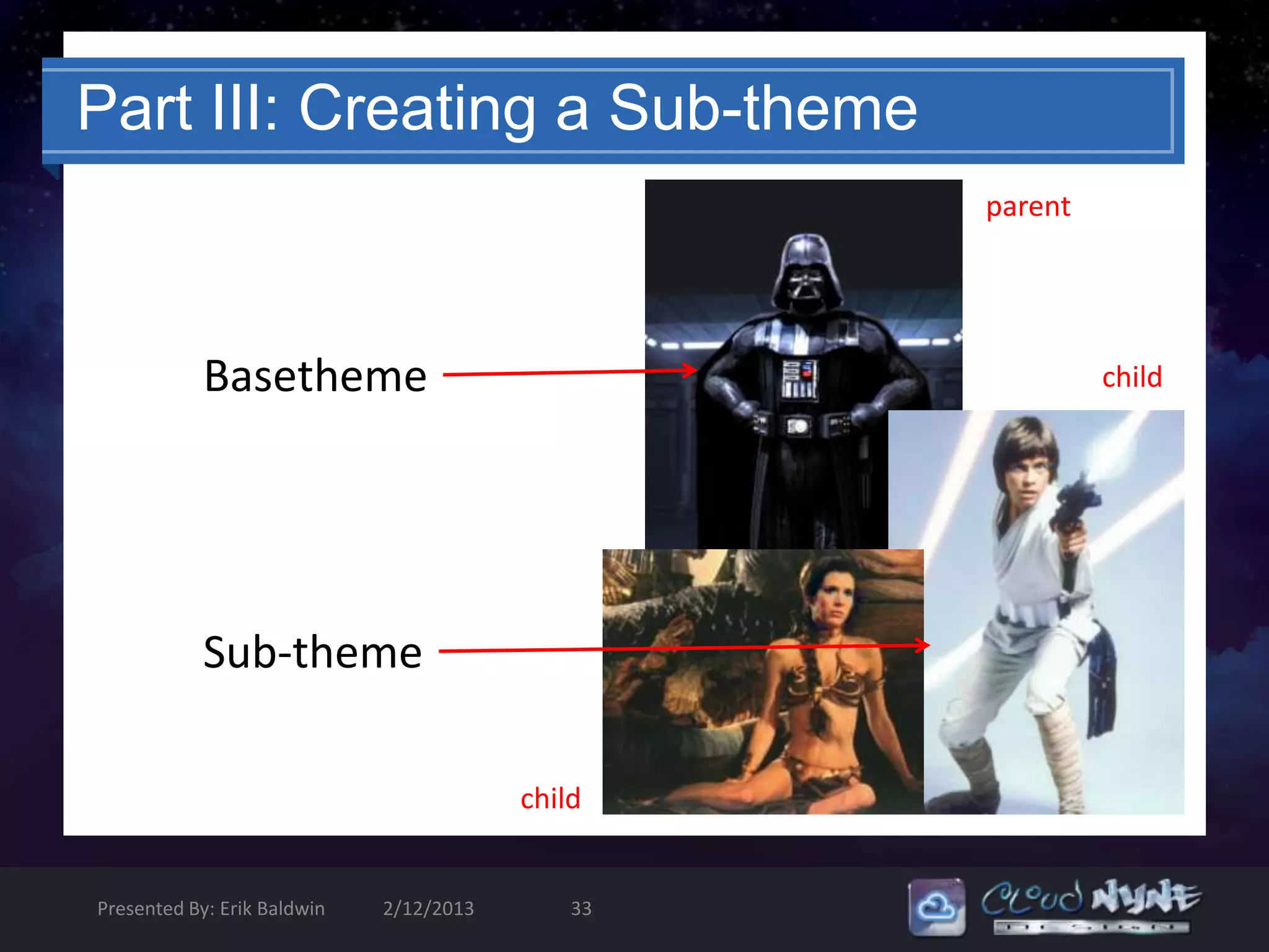 Part III: Creating a Sub-theme
                                                  parent




            Basetheme                                      child




            Sub-theme

                                         child


Presented By: Erik Baldwin   2/12/2013       33
 