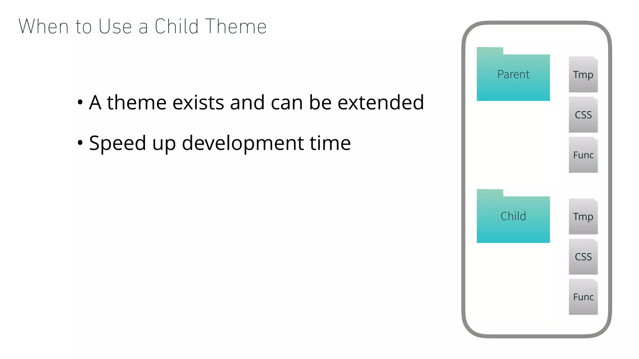 When to Use a Child Theme
• A theme exists and can be extended
• Speed up development time
Child Tmp
CSS
Func
Parent Tmp
CSS
Func
 