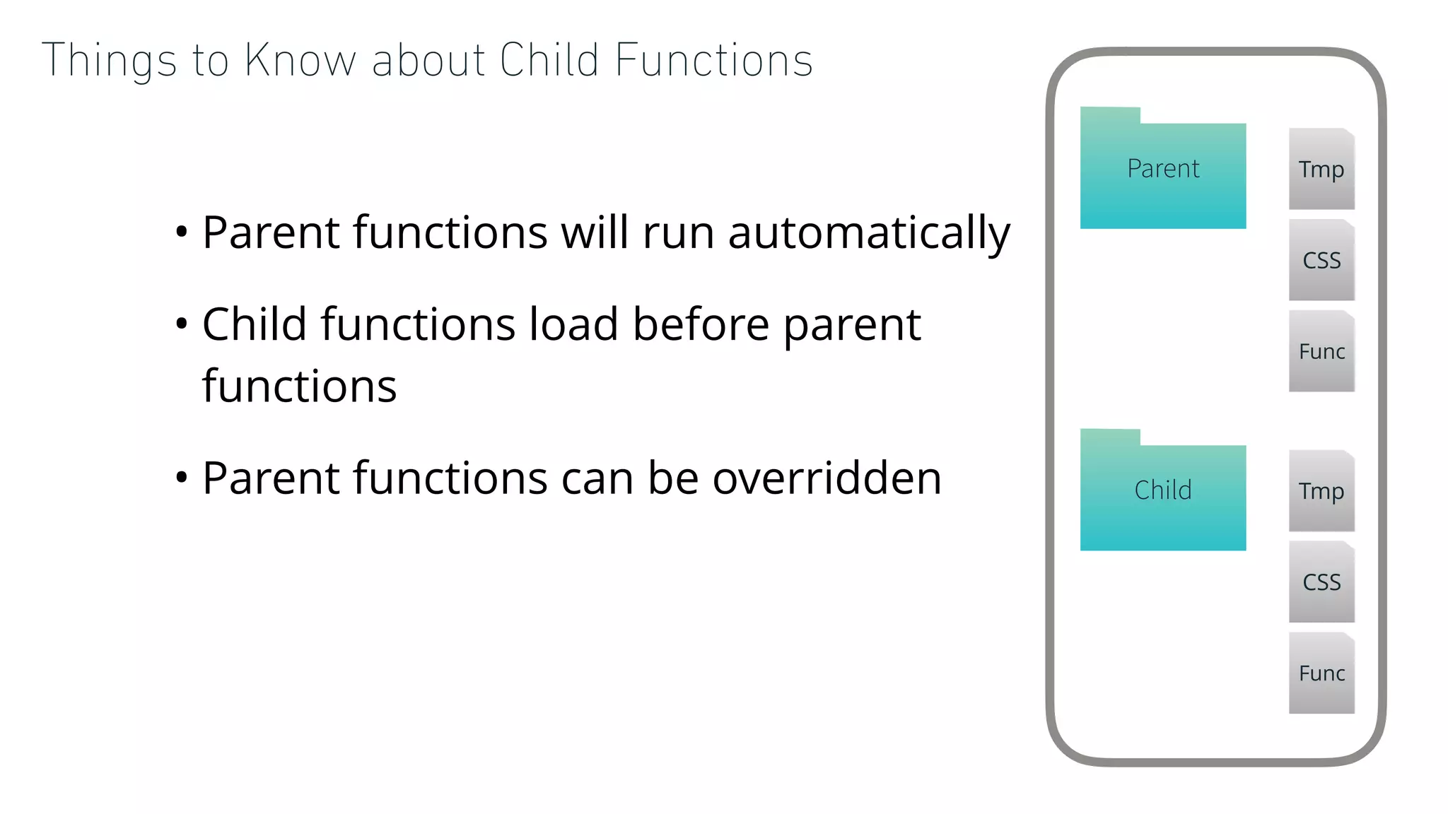 Things to Know about Child Functions
• Parent functions will run automatically
• Child functions load before parent
functions
• Parent functions can be overridden Child Tmp
CSS
Func
Parent Tmp
CSS
Func
 