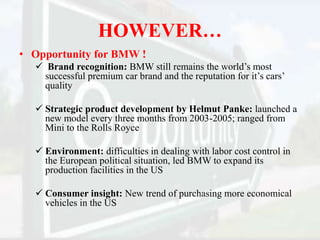 HOWEVER…
• Opportunity for BMW !
 Brand recognition: BMW still remains the world’s most
successful premium car brand and the reputation for it’s cars’
quality
 Strategic product development by Helmut Panke: launched a
new model every three months from 2003-2005; ranged from
Mini to the Rolls Royce
 Environment: difficulties in dealing with labor cost control in
the European political situation, led BMW to expand its
production facilities in the US
 Consumer insight: New trend of purchasing more economical
vehicles in the US
 