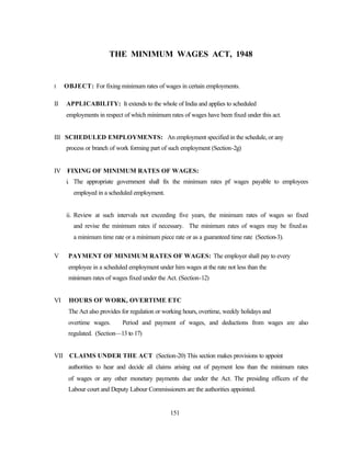 THE MINIMUM WAGES ACT, 1948

I

II

OBJECT: For fixing minimum rates of wages in certain employments.
APPLICABILITY: It extends to the whole of India and applies to scheduled
employments in respect of which minimum rates of wages have been fixed under this act.

III SCHEDULED EMPLOYMENTS: An employment specified in the schedule, or any
process or branch of work forming part of such employment (Section-2g)

IV FIXING OF MINIMUM RATES OF WAGES:
i. The appropriate government shall fix the minimum rates pf wages payable to employees
employed in a scheduled employment.

ii. Review at such intervals not exceeding five years, the minimum rates of wages so fixed
and revise the minimum rates if necessary. The minimum rates of wages may be fixed as
a minimum time rate or a minimum piece rate or as a guaranteed time rate (Section-3).
V

PAYMENT OF MINIMUM RATES OF WAGES: The employer shall pay to every
employee in a scheduled employment under him wages at the rate not less than the
minimum rates of wages fixed under the Act. (Section-12)

VI

HOURS OF WORK, OVERTIME ETC
The Act also provides for regulation or working hours, overtime, weekly holidays and
overtime wages.

Period and payment of wages, and deductions from wages are also

regulated. (Section—13 to 17)

VII CLAIMS UNDER THE ACT (Section-20) This section makes provisions to appoint
authorities to hear and decide all claims arising out of payment less than the minimum rates
of wages or any other monetary payments due under the Act. The presiding officers of the
Labour court and Deputy Labour Commissioners are the authorities appointed.

151

 