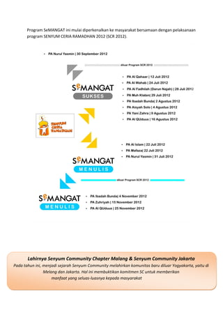 Program SeMANGAT ini mulai diperkenalkan ke masyarakat bersamaan dengan pelaksanaan
       program SENYUM CERIA RAMADHAN 2012 (SCR 2012).




       Lahirnya Senyum Community Chapter Malang & Senyum Community Jakarta
Pada tahun ini, menjadi sejarah Senyum Community melahirkan komunitas baru diluar Yogyakarta, yaitu di
                Melang dan Jakarta. Hal ini membuktikan komitmen SC untuk memberikan
                    manfaat yang seluas-luasnya kepada masyarakat
 