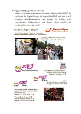 2. Program SETIA (Senyum Talenta Indonesia)
   Program ini merupakan pengembangan dari program sebelumnya (SeMANGAT) dan
   transformasi dari Jimpitan Senyum. Bila program SeMANGAT lebih fokus ke arah
   memberikan    pendidikan/pelatihan,   maka   program    ini     bertujuan     untuk
   mengembangkan     skill/pengetahuan   yang   didapat   selama     pelatihan    dan
   memberdayakan mereka agar mandiri.
 