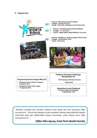 3. Program Lain




“Memberi masukan dan memberi motivasi untuk setiap hari bisa tersenyum tidak
murung terus. Terima kasih banyak ya atas masukan/ motivasi yang diberikan kepada
anak-anak panti dari kakak-kakak senyum community, untuk senyum terus tidak
murung terus  “
                       (Rifan Dika Agung, Anak Panti Ibadah Bunda)
 