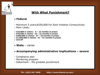 TEL: (202) 567-2050 http://www.themis.us.com/
With What Punishment?
 Federal
- Maximum 5 years/$250,000 For Each Violation Consecutively
- More Likely:
 $10,000 in claims : 6 – 12 months in prison
 $70,000 in claims: 15 – 21 months in prison
 $200,000 in claims: 27 – 33 months in prison
 $1,000,000 in claims: 41 – 51 months in prison
 And UP
 State – varies
 Accompanying administrative implications – severe
- Compliance plan
- Monitoring program
- Debarment – the greatest punishment
 