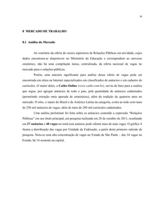 36




8 MERCADO DE TRABALHO


8.1 Análise do Mercado


        Ao contrário da oferta de cursos superiores de Relações Públicas em atividade, cujos
dados encontram-se disponíveis no Ministério da Educação e correspondem ao universo
estatístico, não há uma compilação única, centralizada, da oferta nacional de vagas no
mercado para o relações-públicas.
        Porém, uma amostra significante para análise dessa oferta de vagas pode ser
encontrada em sítios na Internet especializados em classificados de anúncios e em cadastro de
currículos. O maior deles, a Catho Online (www.catho.com.br), serviu de base para a análise
que segue, por agregar anúncios de todo o país, pela quantidade de anúncios cadastrados
(permitindo extração mais apurada de estatísticas), além da tradição de quatorze anos no
mercado. O sítio, o maior do Brasil e da América Latina na categoria, conta ao todo com mais
de 250 mil anúncios de vagas, além de mais de 280 mil currículos cadastrados.
        Uma análise preliminar foi feita sobre os anúncios contendo a expressão “Relações
Públicas” em seu título principal, em pesquisa realizada em 28 de outubro de 2011, resultando
em 27 anúncios e 40 vagas no total (um anúncio pode ofertar mais de uma vaga). O gráfico 4
ilustra a distribuição das vagas por Unidade da Federação, a partir deste primeiro método de
pesquisa. Nota-se uma alta concentração de vagas no Estado de São Paulo – das 34 vagas no
Estado, há 14 somente na capital.
 