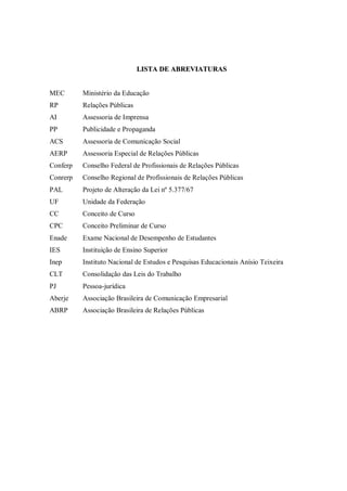 LISTA DE ABREVIATURAS


MEC       Ministério da Educação
RP        Relações Públicas
AI        Assessoria de Imprensa
PP        Publicidade e Propaganda
ACS       Assessoria de Comunicação Social
AERP      Assessoria Especial de Relações Públicas
Conferp   Conselho Federal de Profissionais de Relações Públicas
Conrerp   Conselho Regional de Profissionais de Relações Públicas
PAL       Projeto de Alteração da Lei nº 5.377/67
UF        Unidade da Federação
CC        Conceito de Curso
CPC       Conceito Preliminar de Curso
Enade     Exame Nacional de Desempenho de Estudantes
IES       Instituição de Ensino Superior
Inep      Instituto Nacional de Estudos e Pesquisas Educacionais Anísio Teixeira
CLT       Consolidação das Leis do Trabalho
PJ        Pessoa-jurídica
Aberje    Associação Brasileira de Comunicação Empresarial
ABRP      Associação Brasileira de Relações Públicas
 