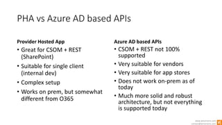 www.winsmarts.com
contact@winsmarts.com
PHA vs Azure AD based APIs
Provider Hosted App
• Great for CSOM + REST
(SharePoint)
• Suitable for single client
(internal dev)
• Complex setup
• Works on prem, but somewhat
different from O365
Azure AD based APIs
• CSOM + REST not 100%
supported
• Very suitable for vendors
• Very suitable for app stores
• Does not work on-prem as of
today
• Much more solid and robust
architecture, but not everything
is supported today
 