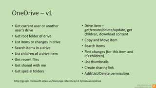 www.winsmarts.com
contact@winsmarts.com
OneDrive – v1
• Get current user or another
user’s drive
• Get root folder of drive
• List items or changes in drive
• Search items in a drive
• List children of a drive item
• Get recent files
• Get shared with me
• Get special folders
http://graph.microsoft.io/en-us/docs/api-reference/v1.0/resources/drive
• Drive item –
get/create/delete/update, get
children, download content
• Copy and Move item
• Search Items
• Find changes (for this item and
it’s children)
• List thumbnails
• Create sharing link
• Add/List/Delete permissions
 