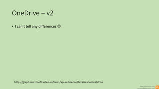 www.winsmarts.com
contact@winsmarts.com
OneDrive – v2
http://graph.microsoft.io/en-us/docs/api-reference/beta/resources/drive
• I can’t tell any differences 
 