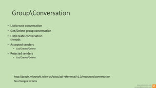 www.winsmarts.com
contact@winsmarts.com
GroupConversation
No changes in beta
• List/create conversation
• Get/Delete group conversation
• List/Create conversation
threads
• Accepted senders
• List/Create/Delete
• Rejected senders
• List/Create/Delete
http://graph.microsoft.io/en-us/docs/api-reference/v1.0/resources/conversation
 