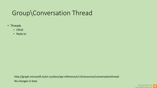 www.winsmarts.com
contact@winsmarts.com
GroupConversation Thread
No changes in beta
• Threads
• CRUD
• Reply to
http://graph.microsoft.io/en-us/docs/api-reference/v1.0/resources/conversationthread
 