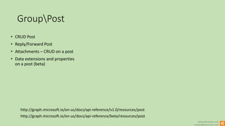 www.winsmarts.com
contact@winsmarts.com
GroupPost
http://graph.microsoft.io/en-us/docs/api-reference/beta/resources/post
• CRUD Post
• Reply/Forward Post
• Attachments – CRUD on a post
• Data extensions and properties
on a post (beta)
http://graph.microsoft.io/en-us/docs/api-reference/v1.0/resources/post
 