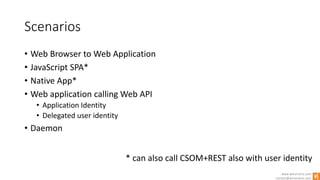 www.winsmarts.com
contact@winsmarts.com
Scenarios
• Web Browser to Web Application
• JavaScript SPA*
• Native App*
• Web application calling Web API
• Application Identity
• Delegated user identity
• Daemon
* can also call CSOM+REST also with user identity
 