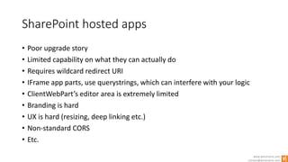 www.winsmarts.com
contact@winsmarts.com
SharePoint hosted apps
• Poor upgrade story
• Limited capability on what they can actually do
• Requires wildcard redirect URI
• IFrame app parts, use querystrings, which can interfere with your logic
• ClientWebPart’s editor area is extremely limited
• Branding is hard
• UX is hard (resizing, deep linking etc.)
• Non-standard CORS
• Etc.
 