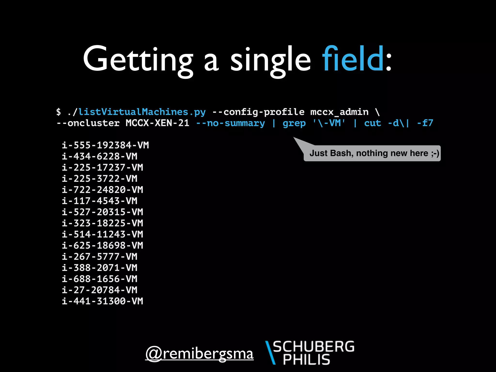 @remibergsma
Getting a single ﬁeld:
$ ./listVirtualMachines.py --config-profile mccx_admin 
--oncluster MCCX-XEN-21 --no-summary | grep '-VM' | cut -d| -f7
i-555-192384-VM
i-434-6228-VM
i-225-17237-VM
i-225-3722-VM
i-722-24820-VM
i-117-4543-VM
i-527-20315-VM
i-323-18225-VM
i-514-11243-VM
i-625-18698-VM
i-267-5777-VM
i-388-2071-VM
i-688-1656-VM
i-27-20784-VM
i-441-31300-VM
Just Bash, nothing new here ;-)
 