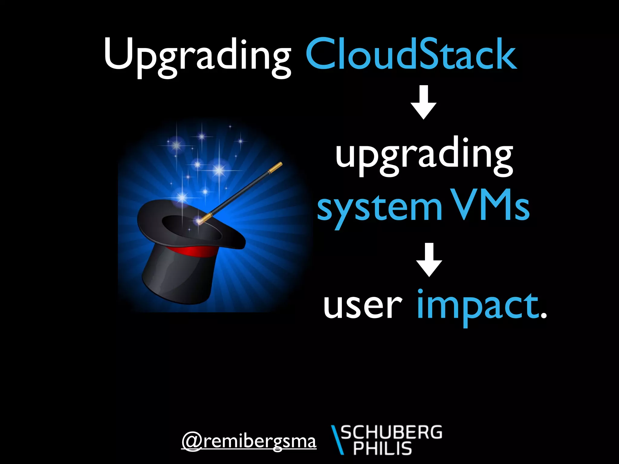 @remibergsma
Upgrading CloudStack
upgrading
systemVMs
user impact.
 