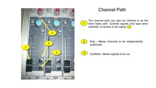 Channel Path
The channel path can also be referred to as the
short fader path. Controls signals onto tape when
switched to receive a mic signal.
1
1
2
2
3 Solo - Allows channels to be independently
auditioned.
4 Cut/Mute - Allows signals to be cut.
3
4
 