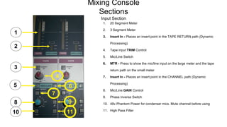 Mixing Console
Sections
Input Section
1
1. 20 Segment Meter
2. 3 Segment Meter
3. Insert In - Places an insert point in the TAPE RETURN path (Dynamic
Processing)
4. Tape input TRIM Control
5. Mic/Line Switch
6. MTR - Press to show the mic/line input on the large meter and the tape
return path on the small meter
7. Insert In - Places an insert point in the CHANNEL path (Dynamic
Processing)
8. Mic/Line GAIN Control
9. Phase Inverse Switch
10. 48v Phantom Power for condenser mics. Mute channel before using
11. High Pass Filter
2
3
4
5 6
7
8 9
10 11
 