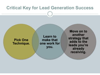Critical Key for Lead Generation Success
Pick One
Technique.
Learn to
make that
one work for
you.
Move on to
another
strategy that
adds to the
leads you’re
already
receiving.
 