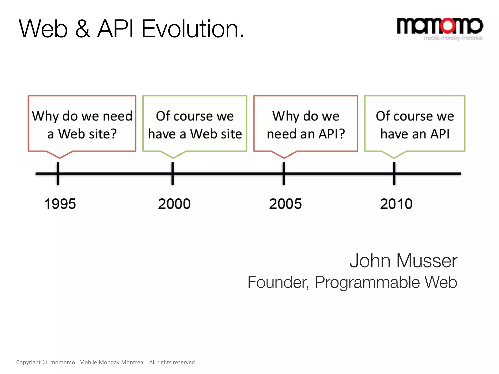 Web & API Evolution.




                                                                              John Musser
                                                                  Founder, Programmable Web



Copyright © momomo Mobile Monday Montreal . All rights reserved
 