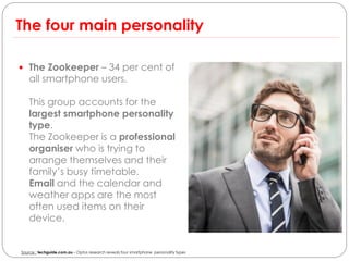 The four main personality

 The Zookeeper – 34 per cent of
   all smartphone users.

   This group accounts for the
   largest smartphone personality
   type.
   The Zookeeper is a professional
   organiser who is trying to
   arrange themselves and their
   family’s busy timetable.
   Email and the calendar and
   weather apps are the most
   often used items on their
   device.


Source : techguide.com.au – Optus research reveals four smartphone personality types
 