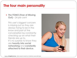 The four main personality

   The FOMO (Fear of Missing
        Out) – 24 per cent

        This user’s biggest concern
        is missing out so they are
        always trying to be in the
        know and part of the
        conversation by constantly
        checking up on what their
        friends are up to.
        It’s no surprise to know they
        are heavily into social
        networking and constantly
        attached to their device.


Source : techguide.com.au – Optus research reveals four smartphone personality types
 